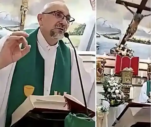 Father Patricio Alfredo Sánchez Molinari preaching at Mass, beside the altar crucifix at Our Lady of Perpetual Help Church, Guayaquil