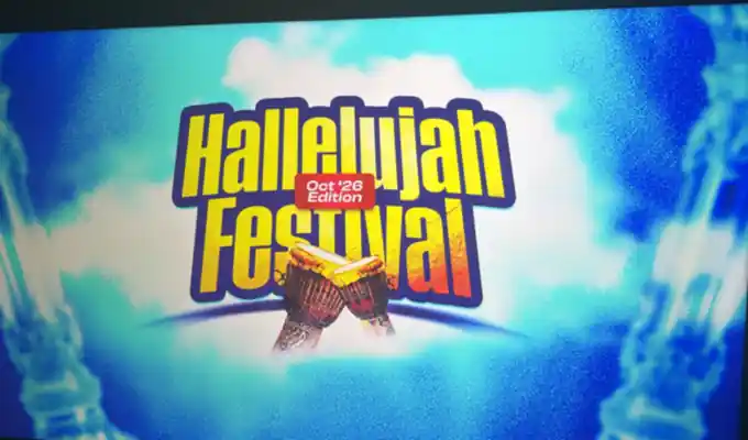 Hallelujah Festival Oct '26 Edition logo with talking drums shown on screen