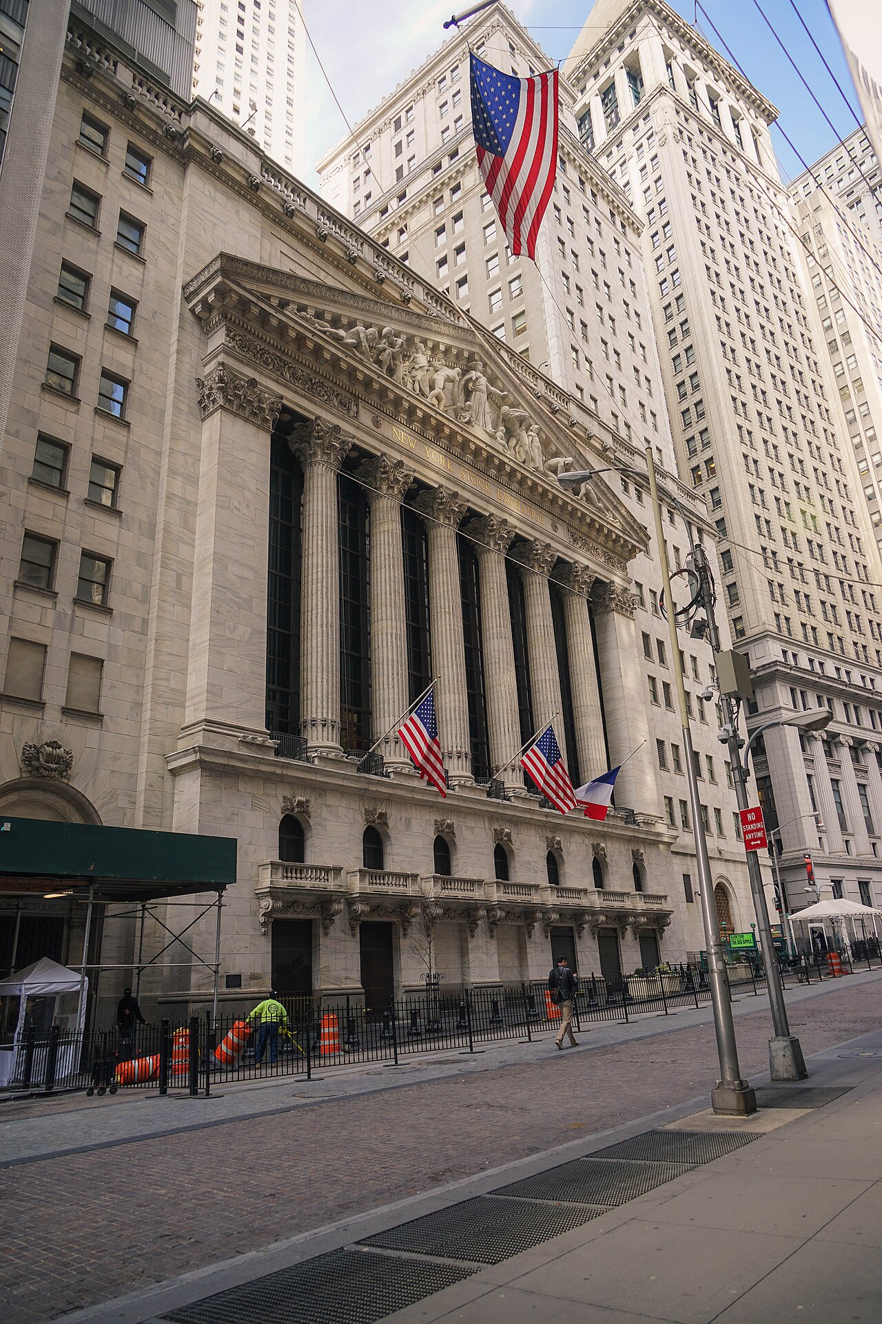 The columned facade of the New York Stock Exchange on Wall Street, where OPay listed its shares